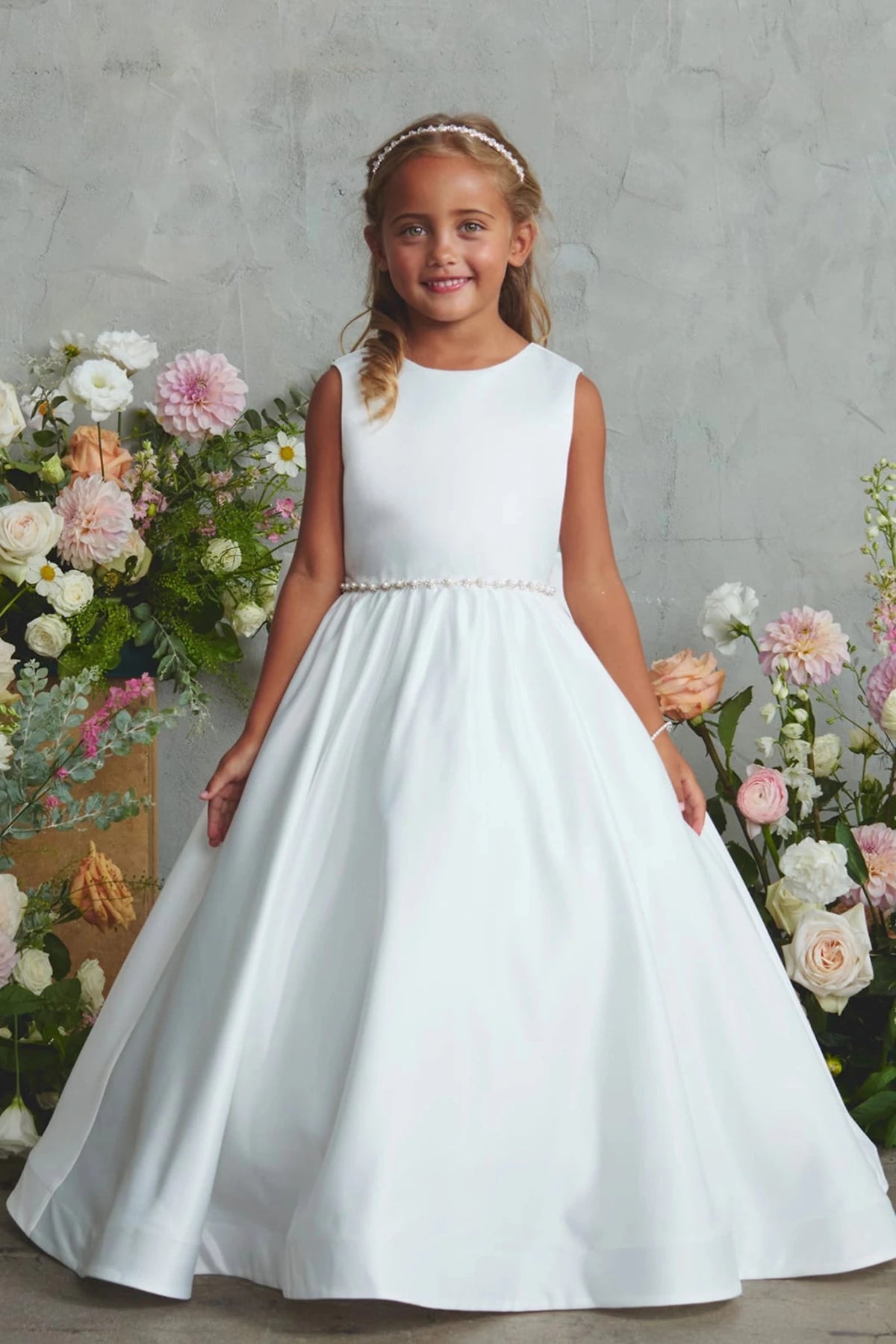 Off-White Satin with a Rhinestone and Pearl Waist Flower Girl Dress