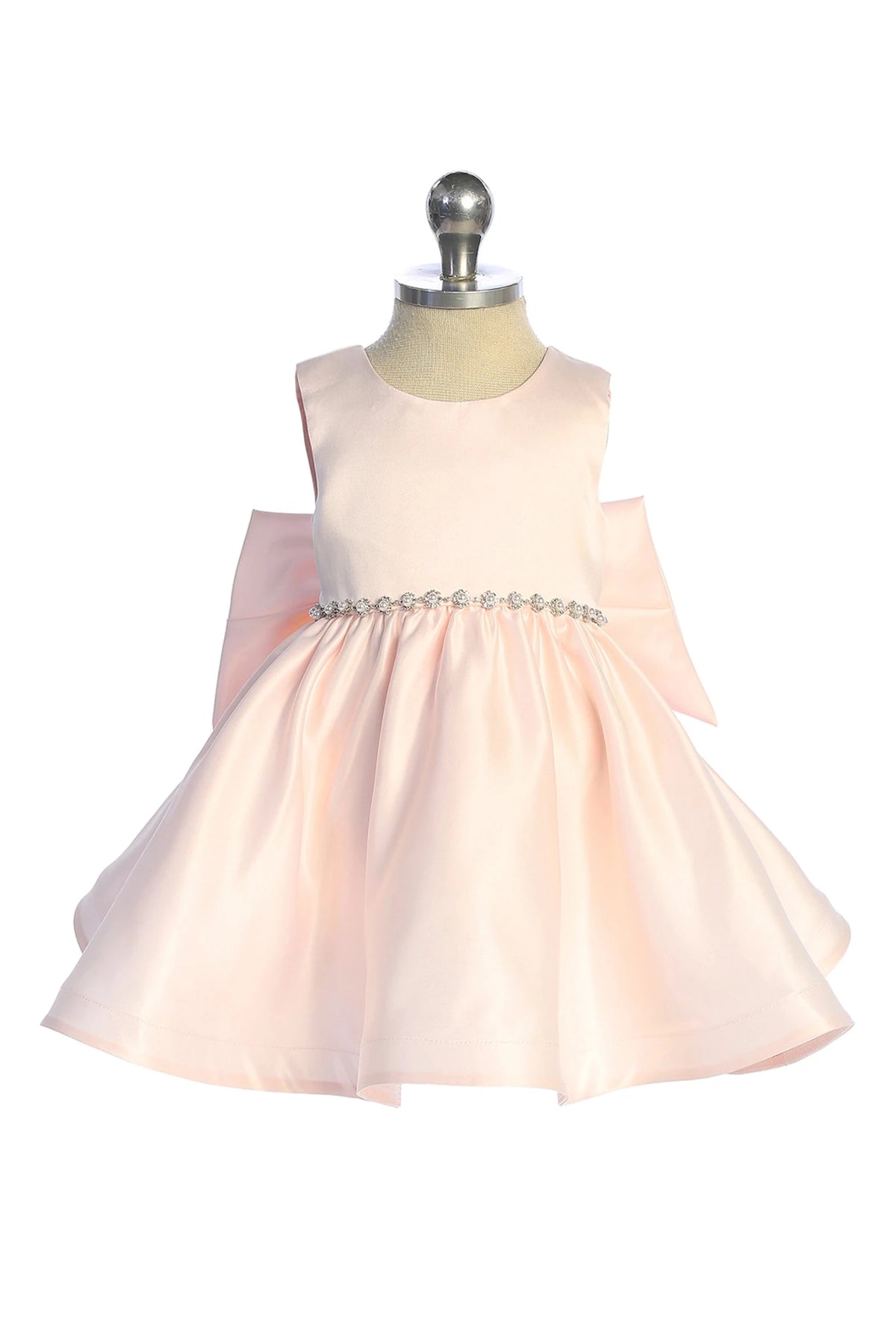 Jeweled waist trim accents this blush flower girl dress.