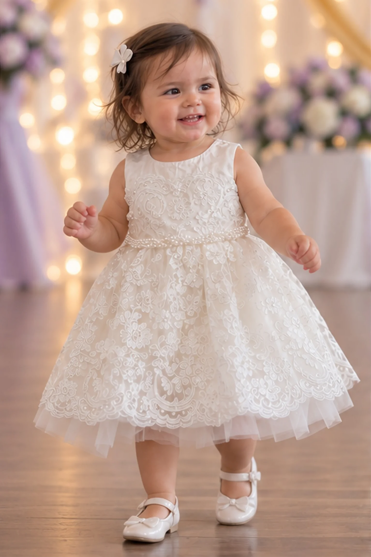 Gathered lace forms the full skirt of the ivory flower girl dress.