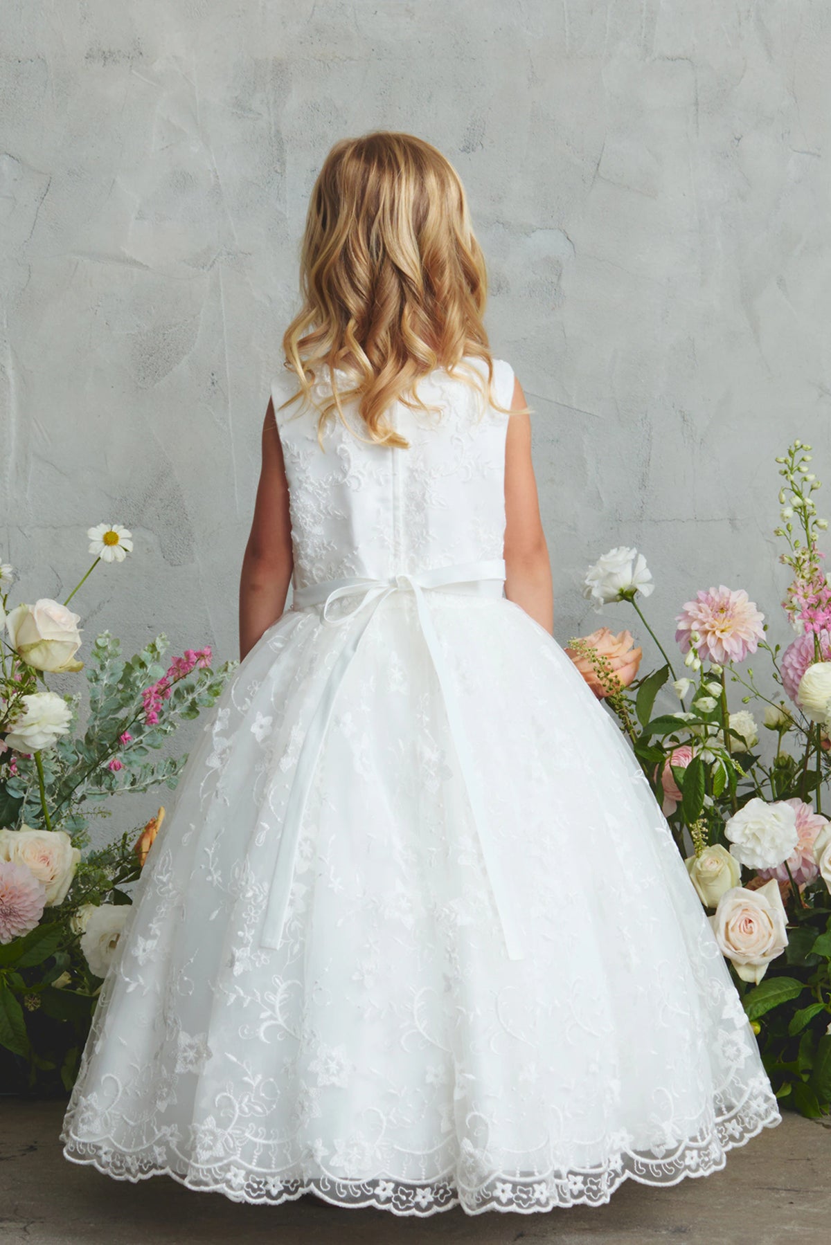 Off-White Lace with a Pearl and Rhinestone Waist Flower Girl Dress