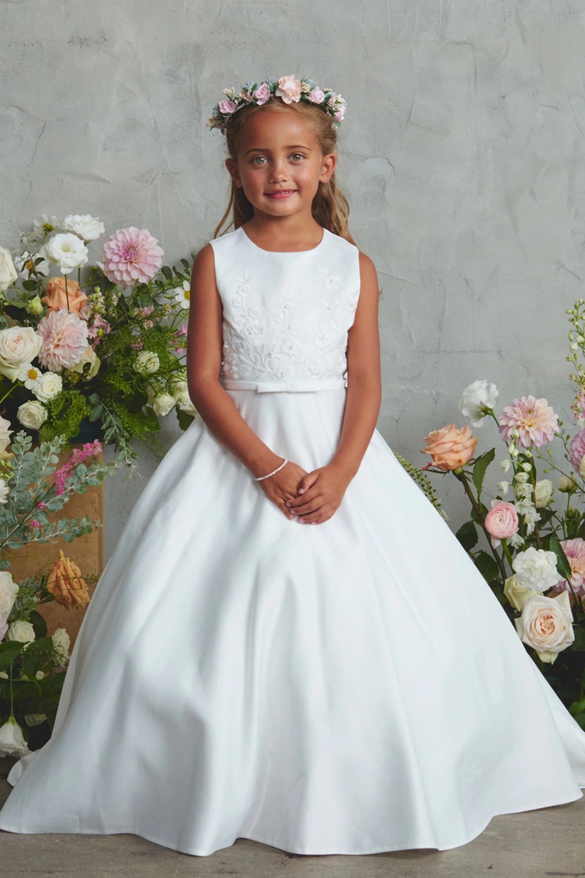 Off-White Satin Lace with a Train and Bow Back Flower Girl Dress