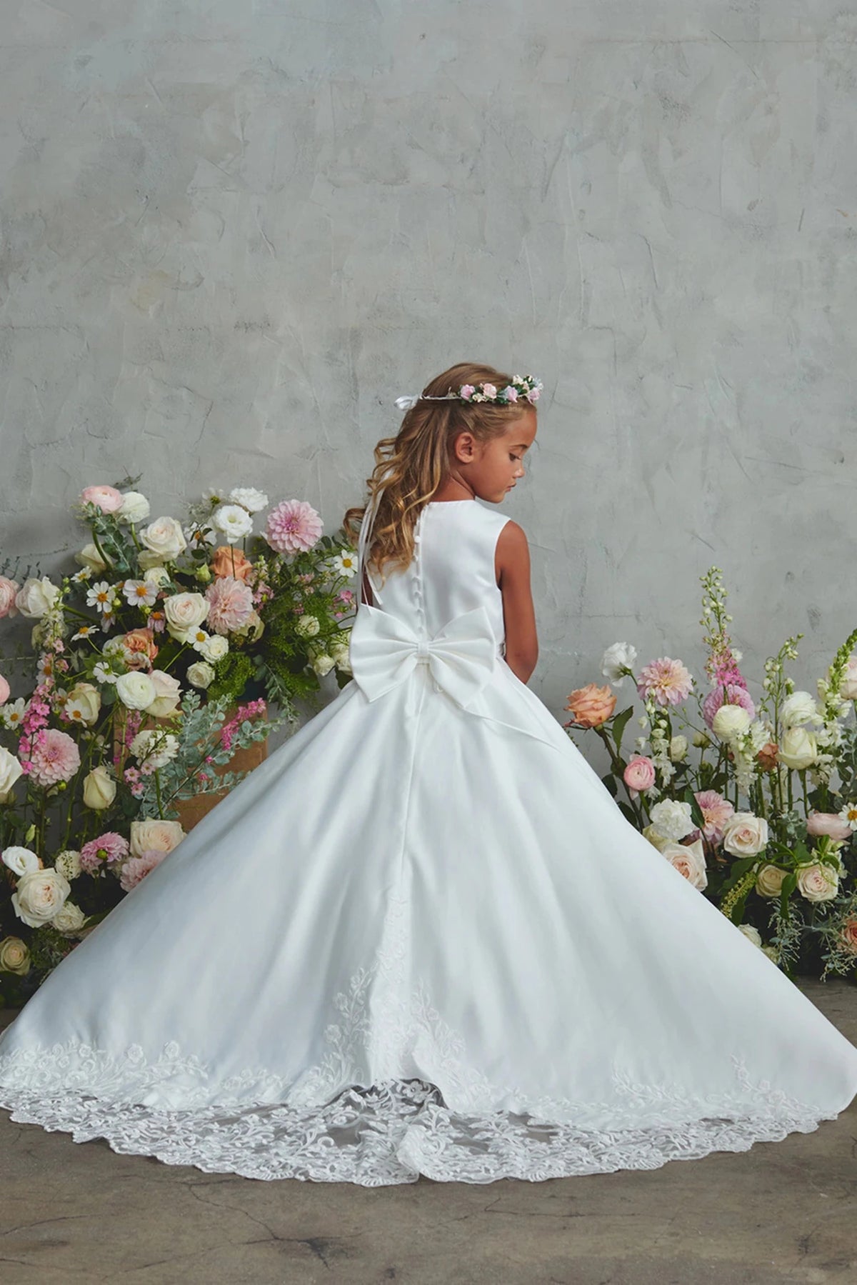 Off-White Satin Lace with a Train and Bow Back Flower Girl Dress