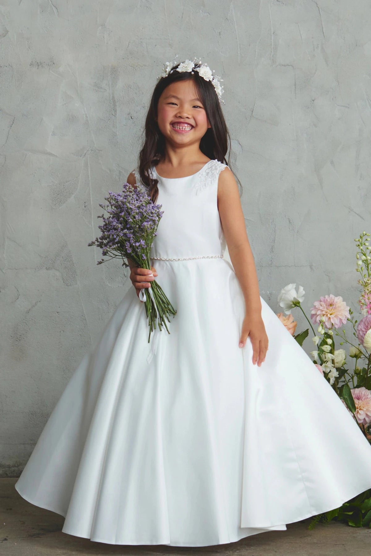 Off-White Satin with a Sheer Lace Back Flower Girl Dress