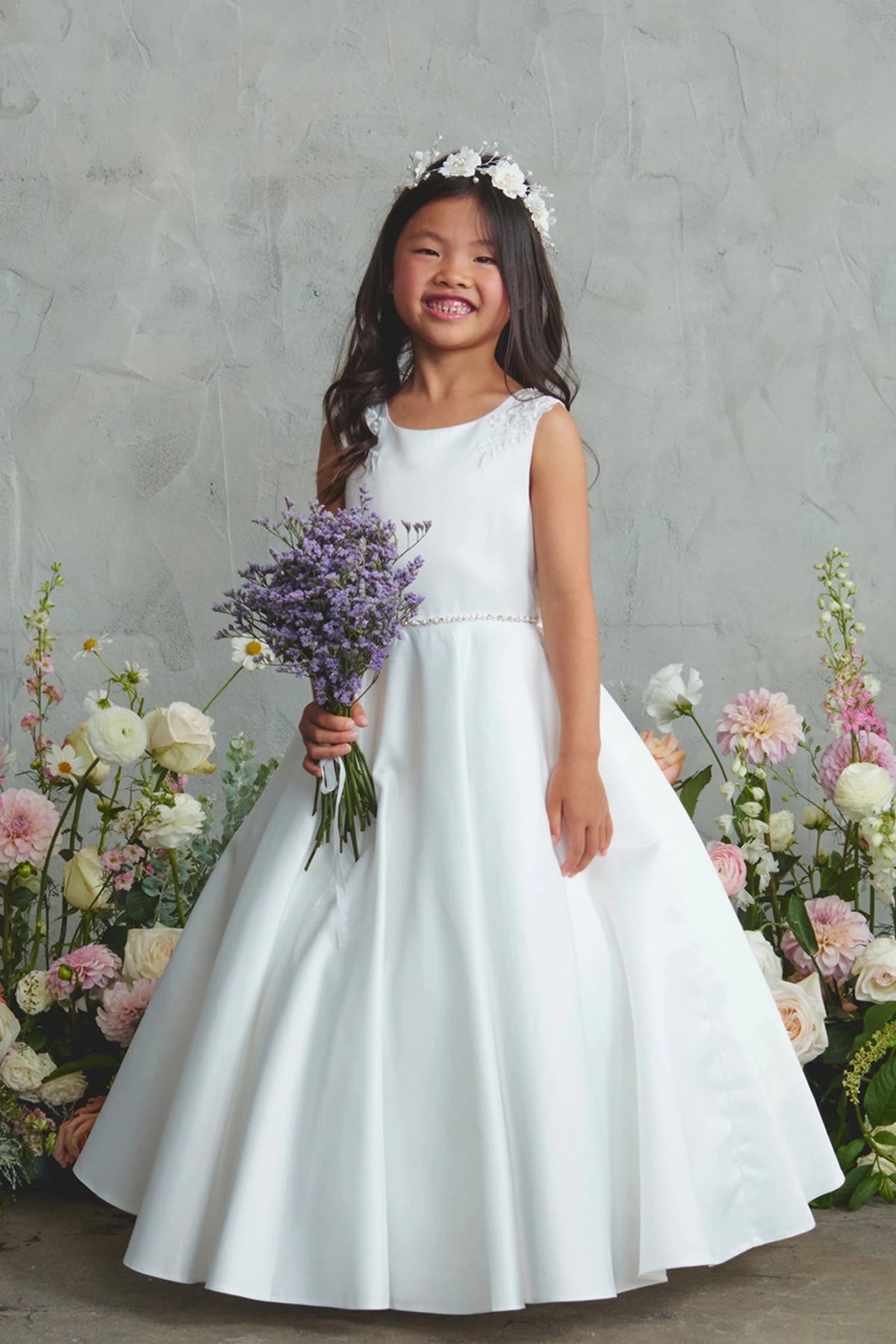 Off-White Satin with a Sheer Lace Back Flower Girl Dress