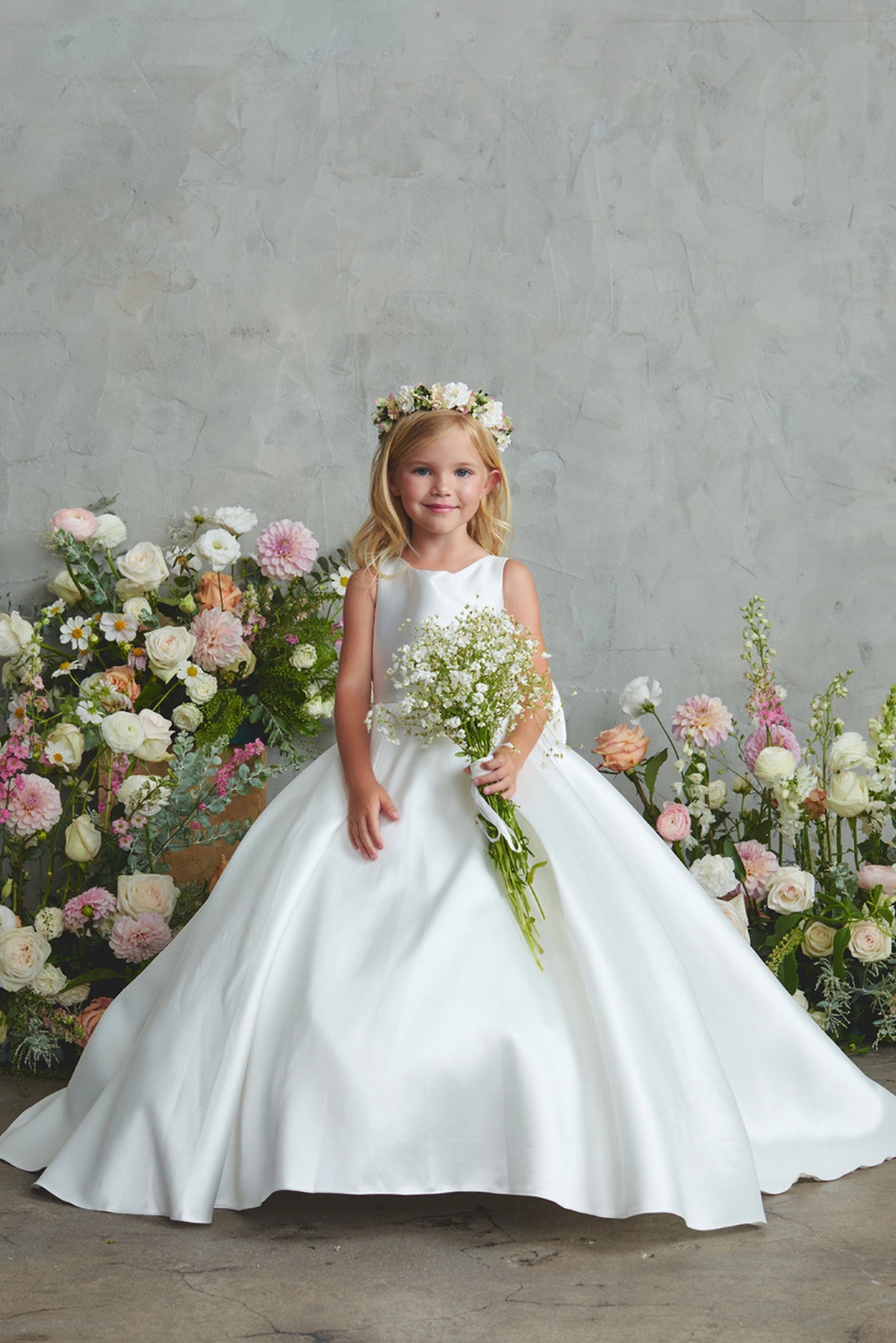 Off-White Mikado with a Pleated Train and Bow Back Flower Girl Dress