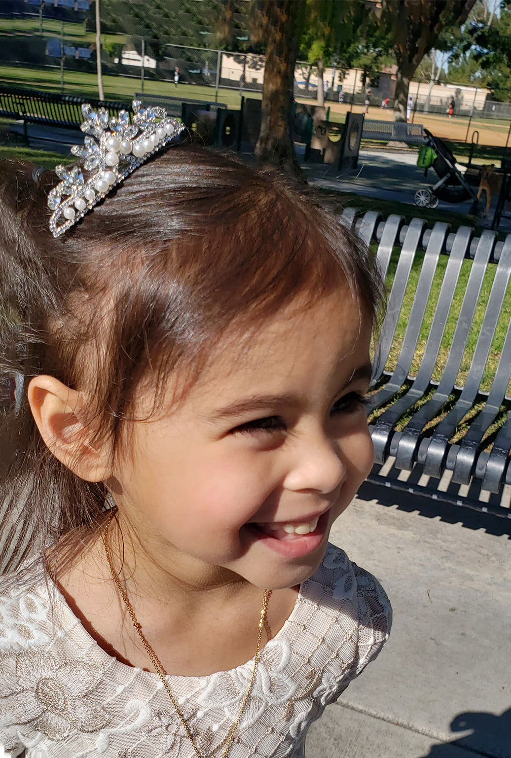 Mini Flower Girl Pearl Rhinestone Crystal Tiara | First Communion Headpiece Comb - girl smiling and wearing headpiece