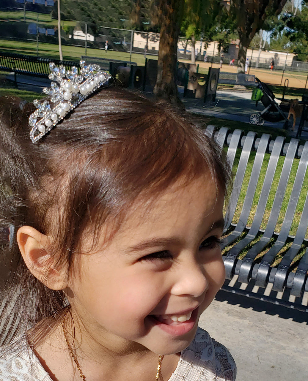Mini Flower Girl Pearl Rhinestone Crystal Tiara | First Communion Headpiece Comb - girl smiling and wearing headpiece