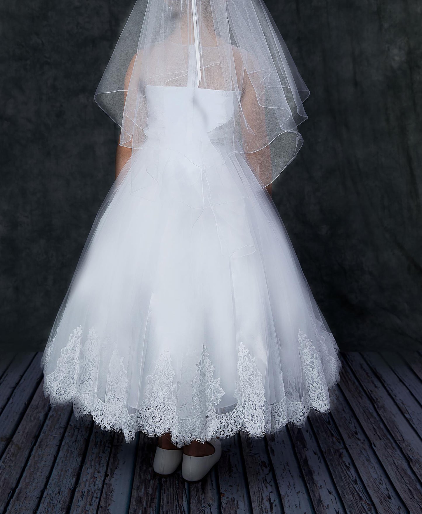 Communion Dress | Beaded lace and stone Top and soft tulle Dress with Embroidery Applique | 3 Colors | Katharine dress back view