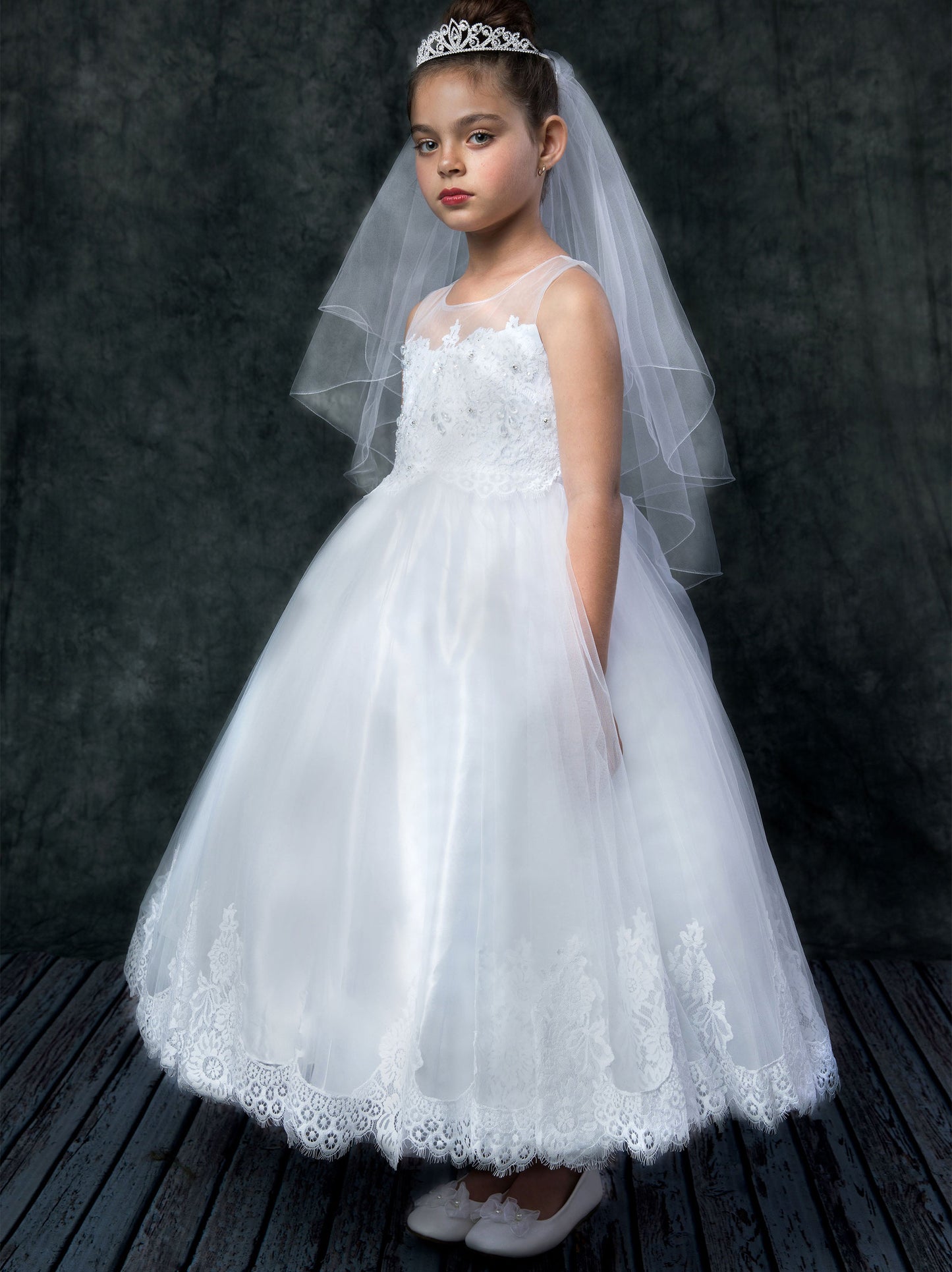 Communion Dress | Beaded lace and stone Top and soft tulle Dress with Embroidery Applique | 3 Colors | Katharine dress side