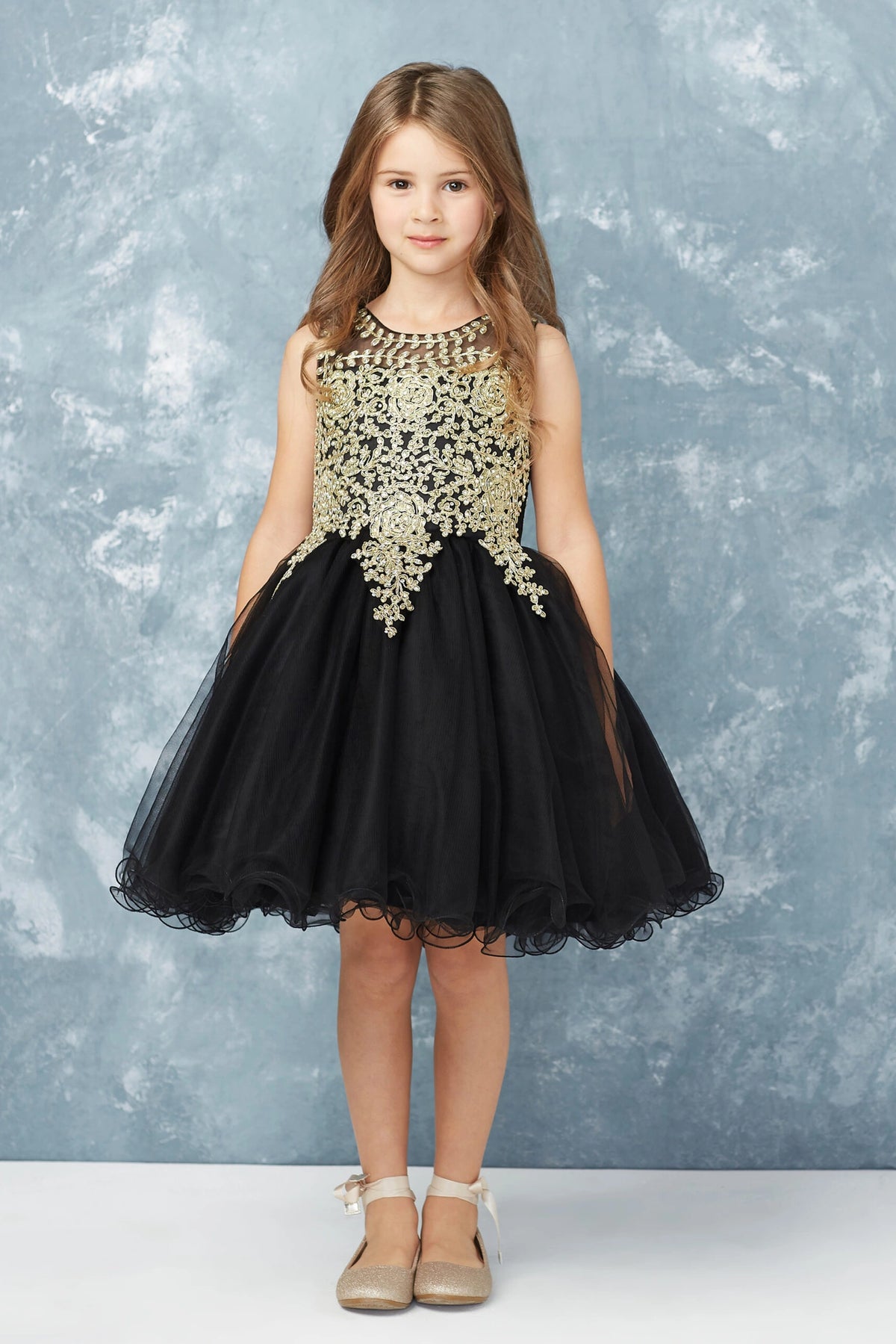 Black kids pageant dress featuring metallic floral lace.