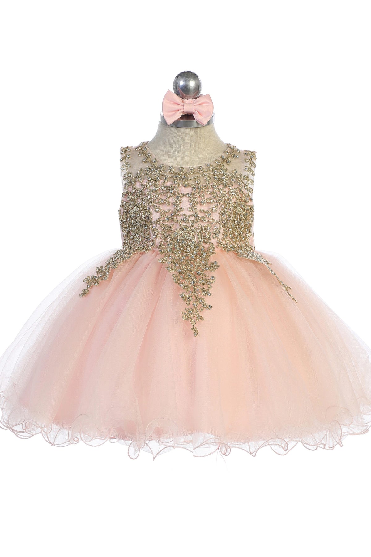 Showing metallic floral lace, the Blush kids pageant dress has a detailed finish.