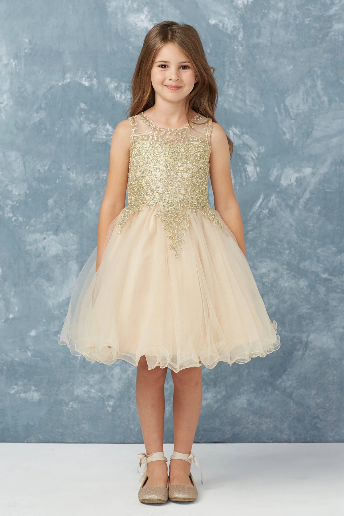 Champagne kids pageant dress featuring metallic floral lace.