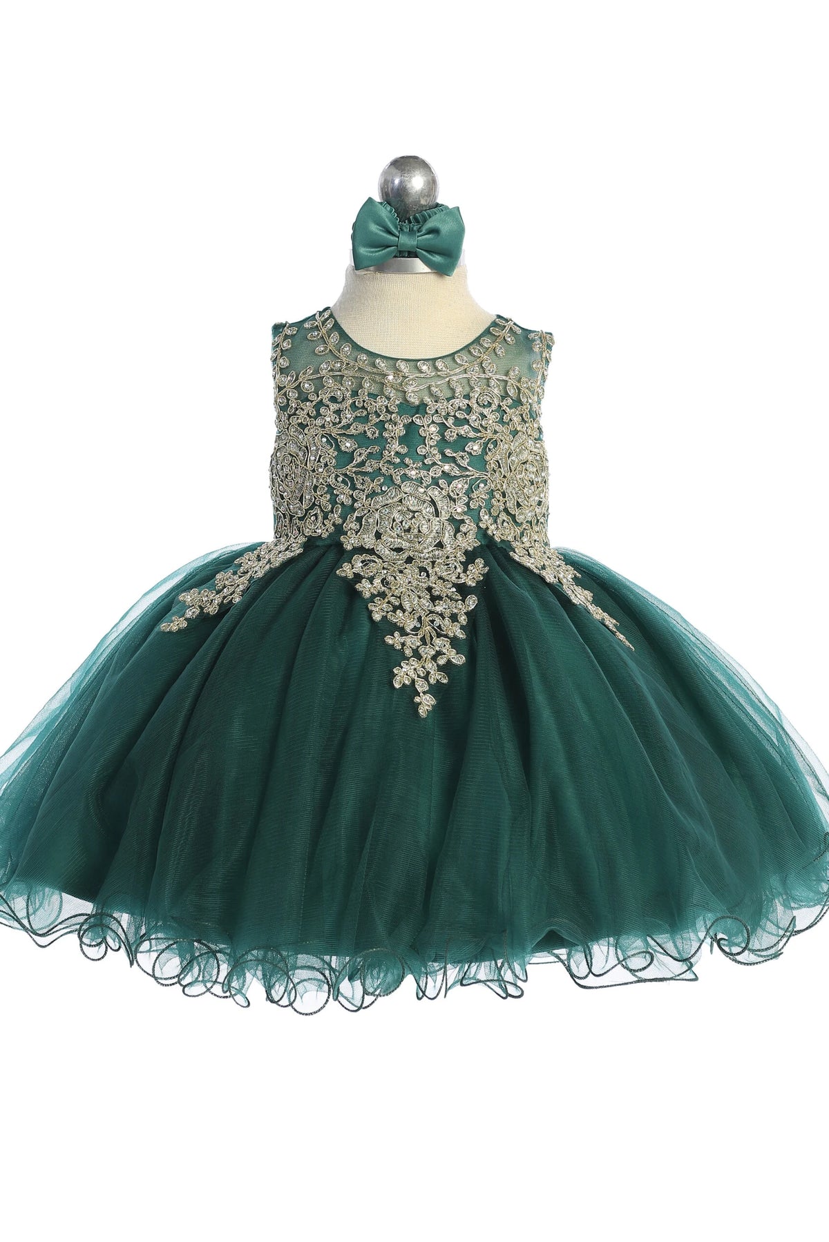 Emerald kids pageant dress featuring metallic floral lace.