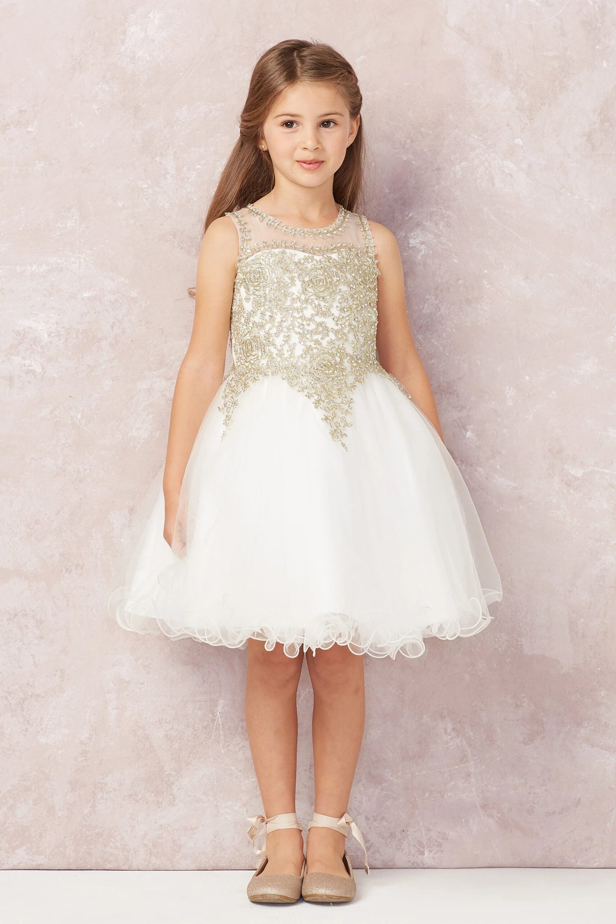 Ivory kids pageant dress featuring metallic floral lace.