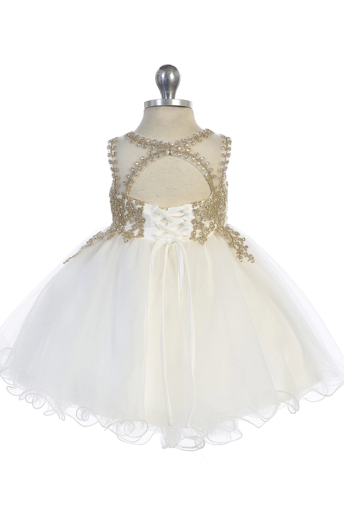 The Ivory kids pageant dress has metallic floral lace.
