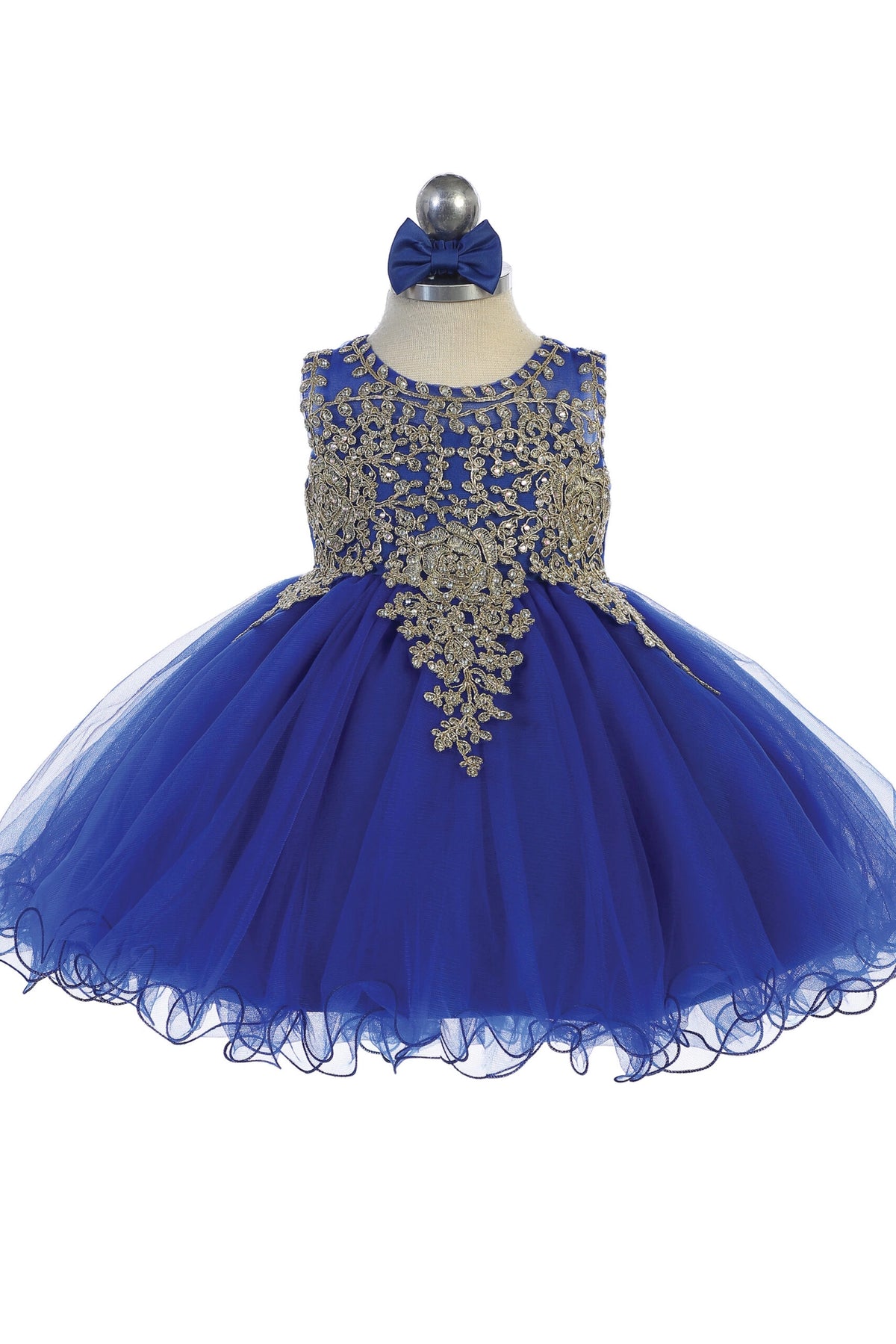 Visible details on the Royal Blue kids pageant dress include metallic floral lace.