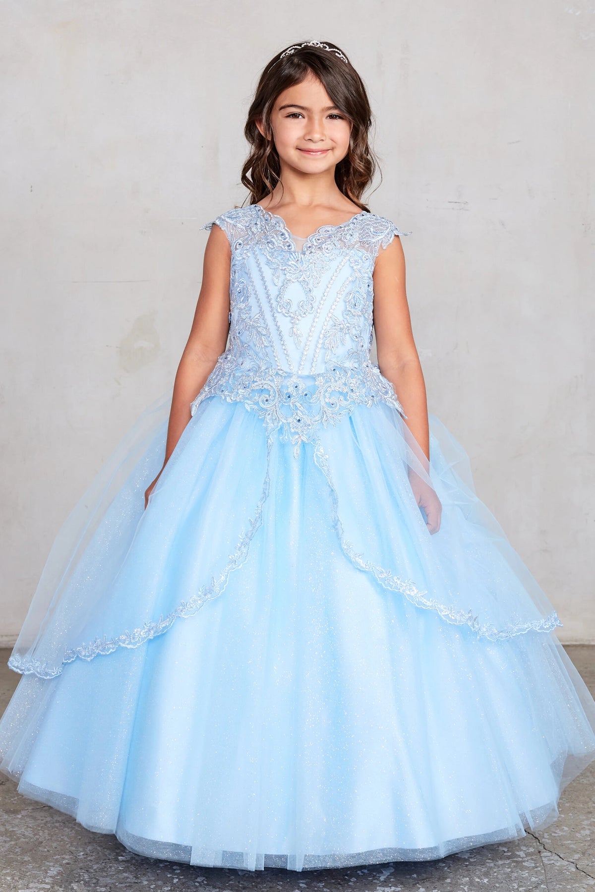 Sky Blue kids pageant dress featuring lace-trimmed layers of glitter tulle.