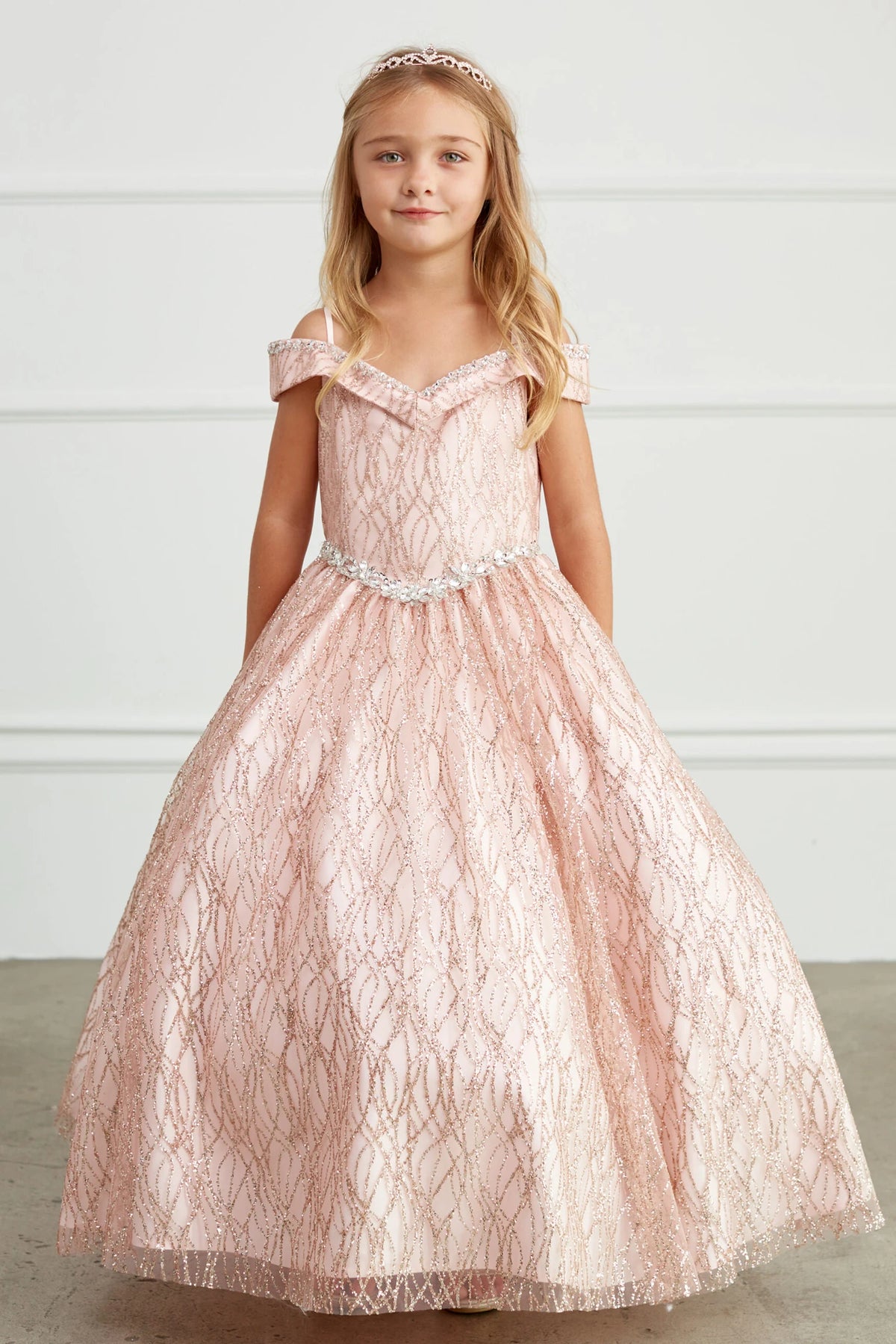 Rose Gold kids pageant dress featuring a beaded waist and glitter mesh.