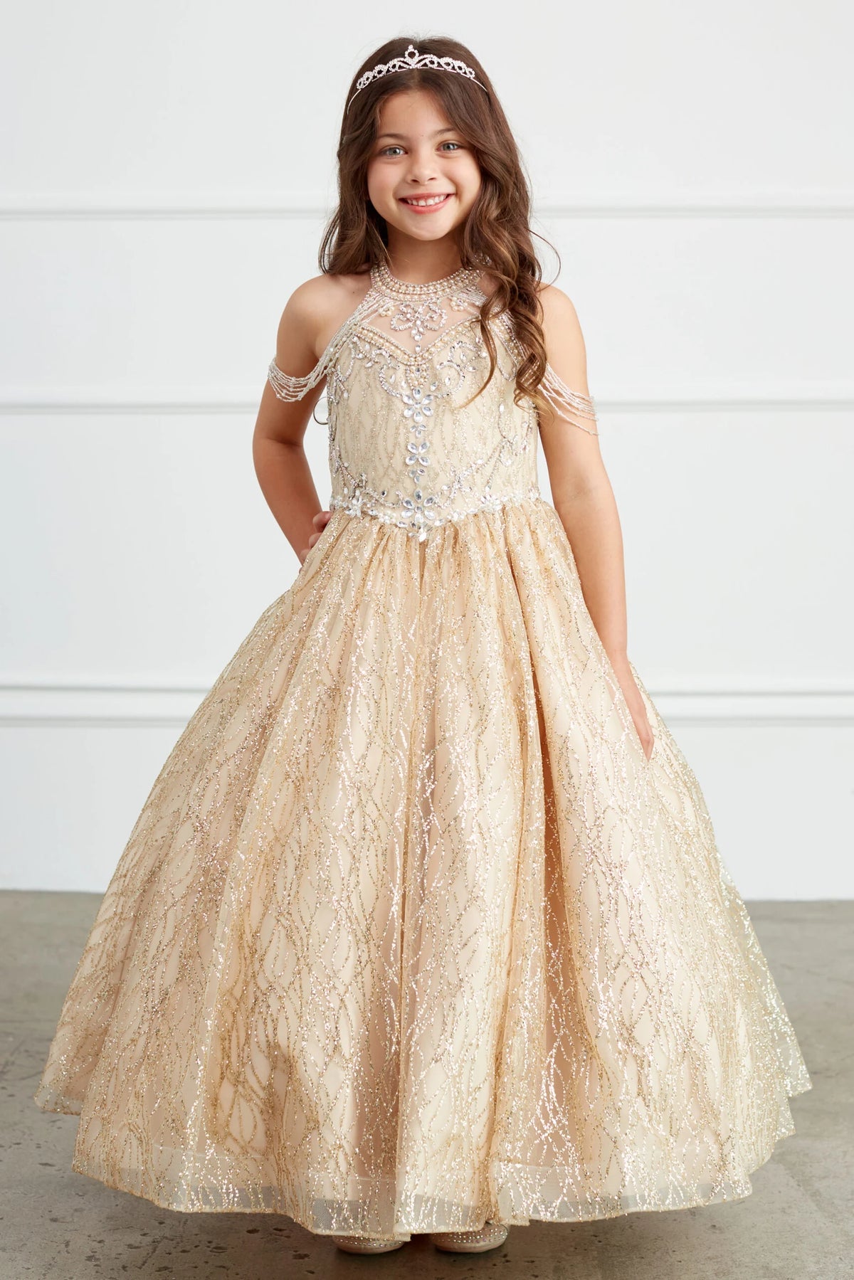 Gold kids pageant dress featuring a beaded choker neckline.