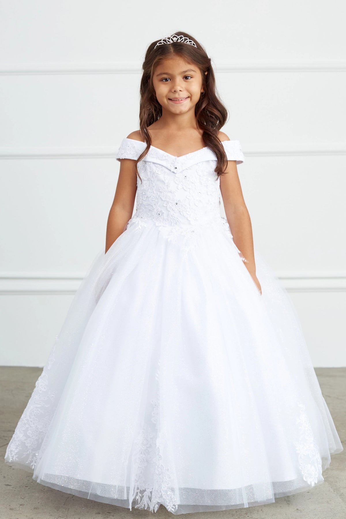 Fine corded lace covers the bodice of this White kids pageant dress.