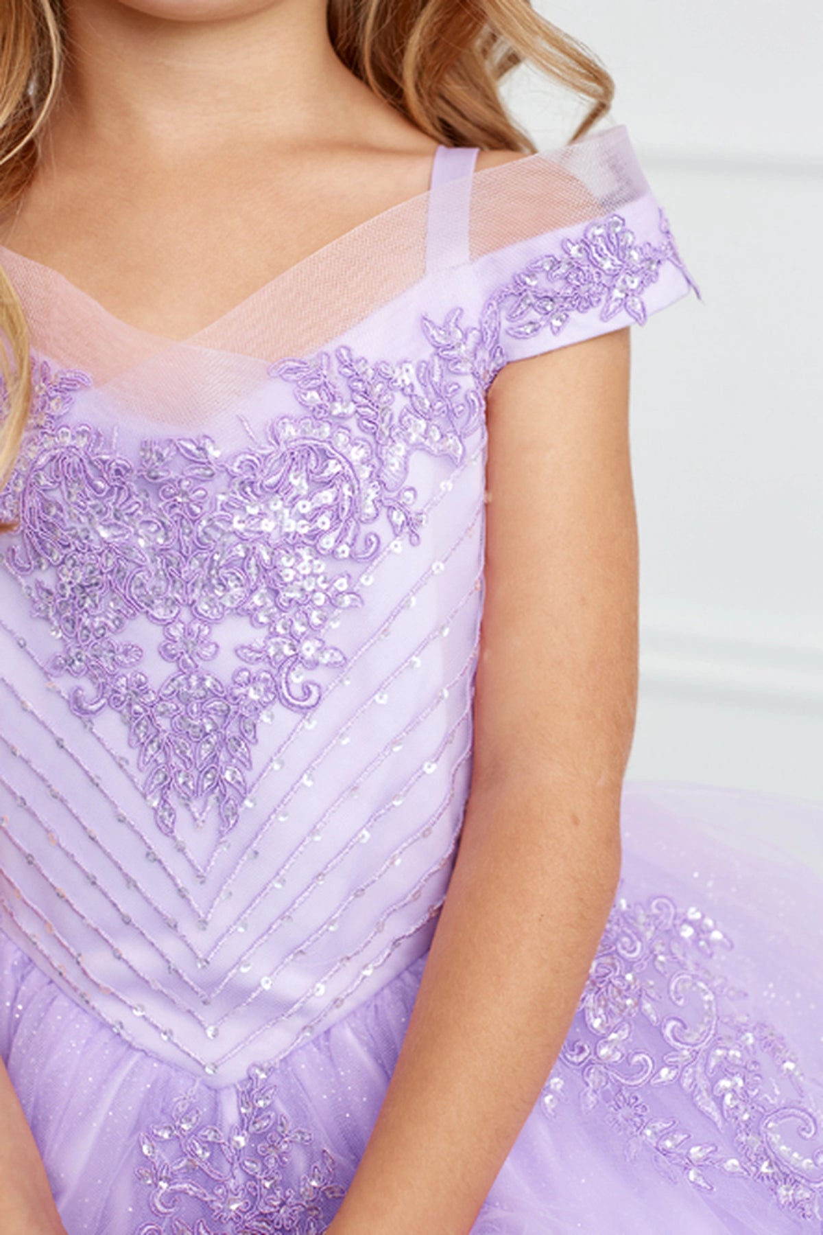 Visible details on the Lilac kids pageant dress include chevron-patterned floral lace.