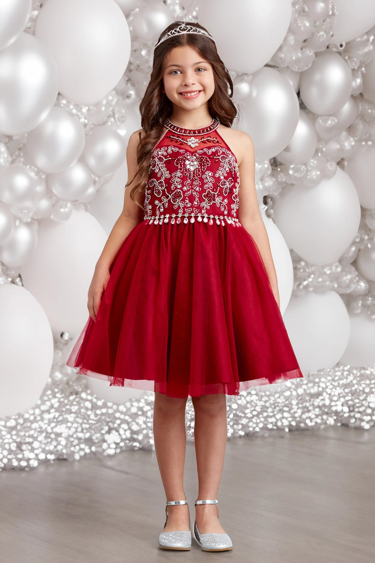 Burgundy kids pageant dress featuring a rhinestone-trimmed choker neckline.