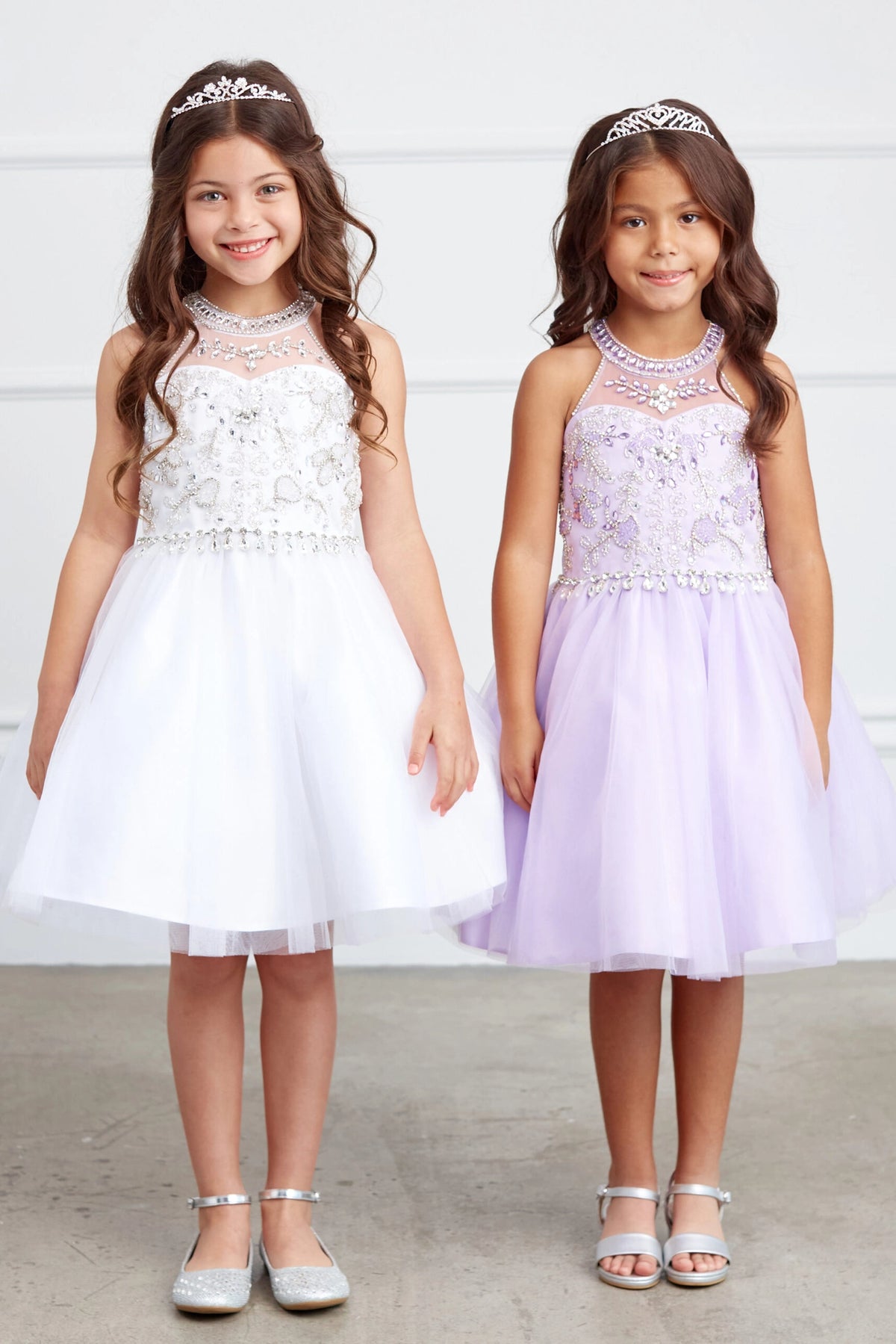 Two kids pageant dresses in White and Lilac feature beaded choker necklines and short mesh skirts.