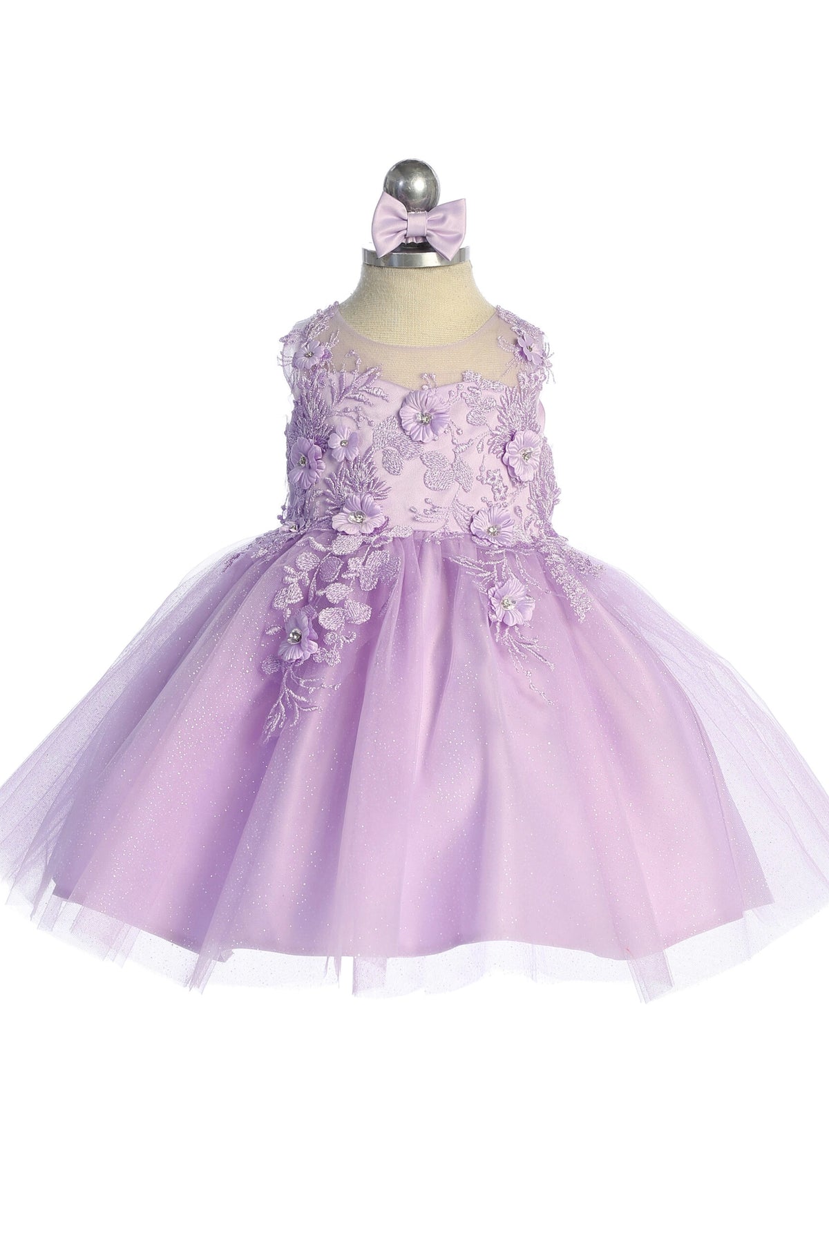 Visible details on the Lilac kids pageant dress include dimensional floral lace.
