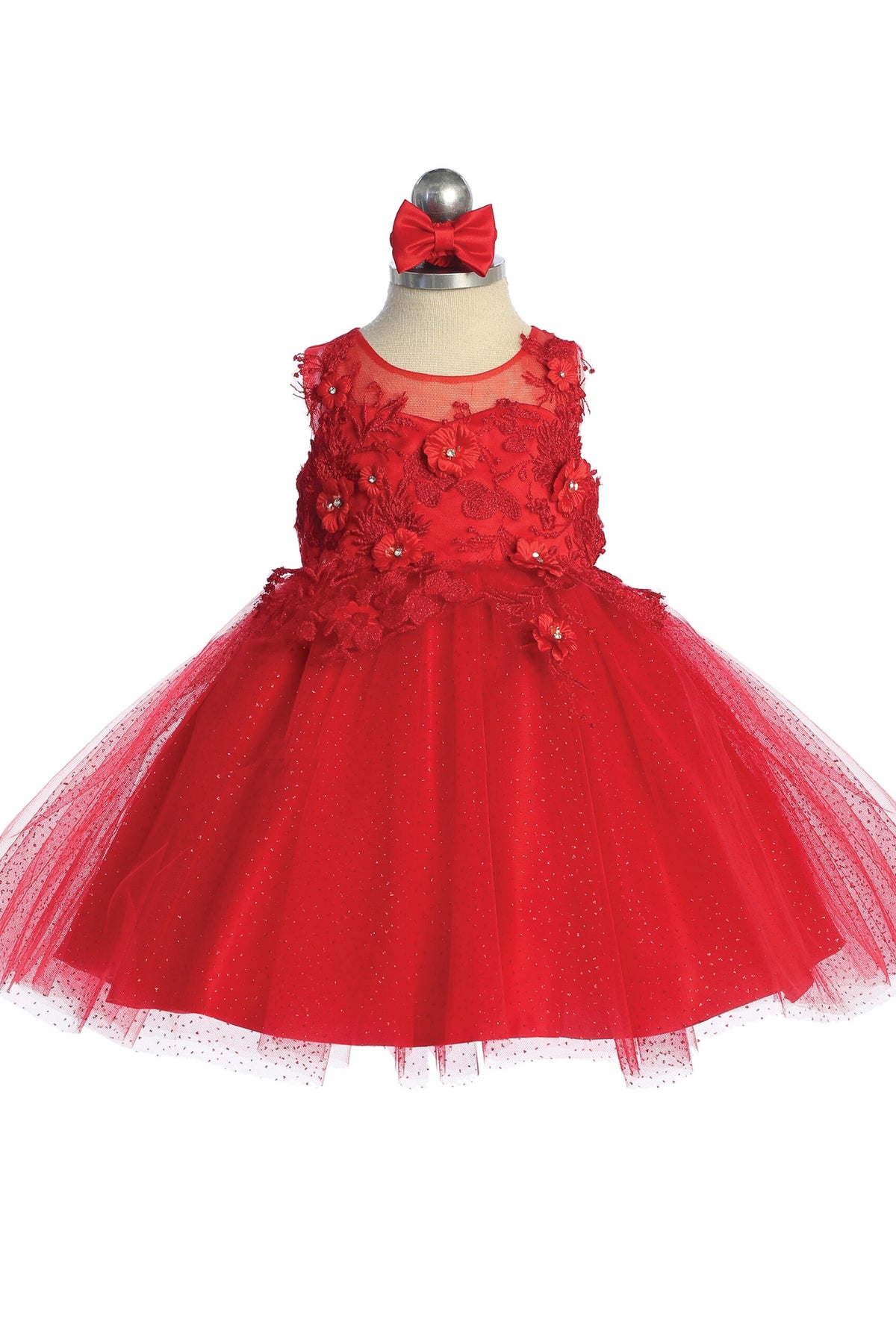 The Red kids pageant dress has dimensional floral lace.