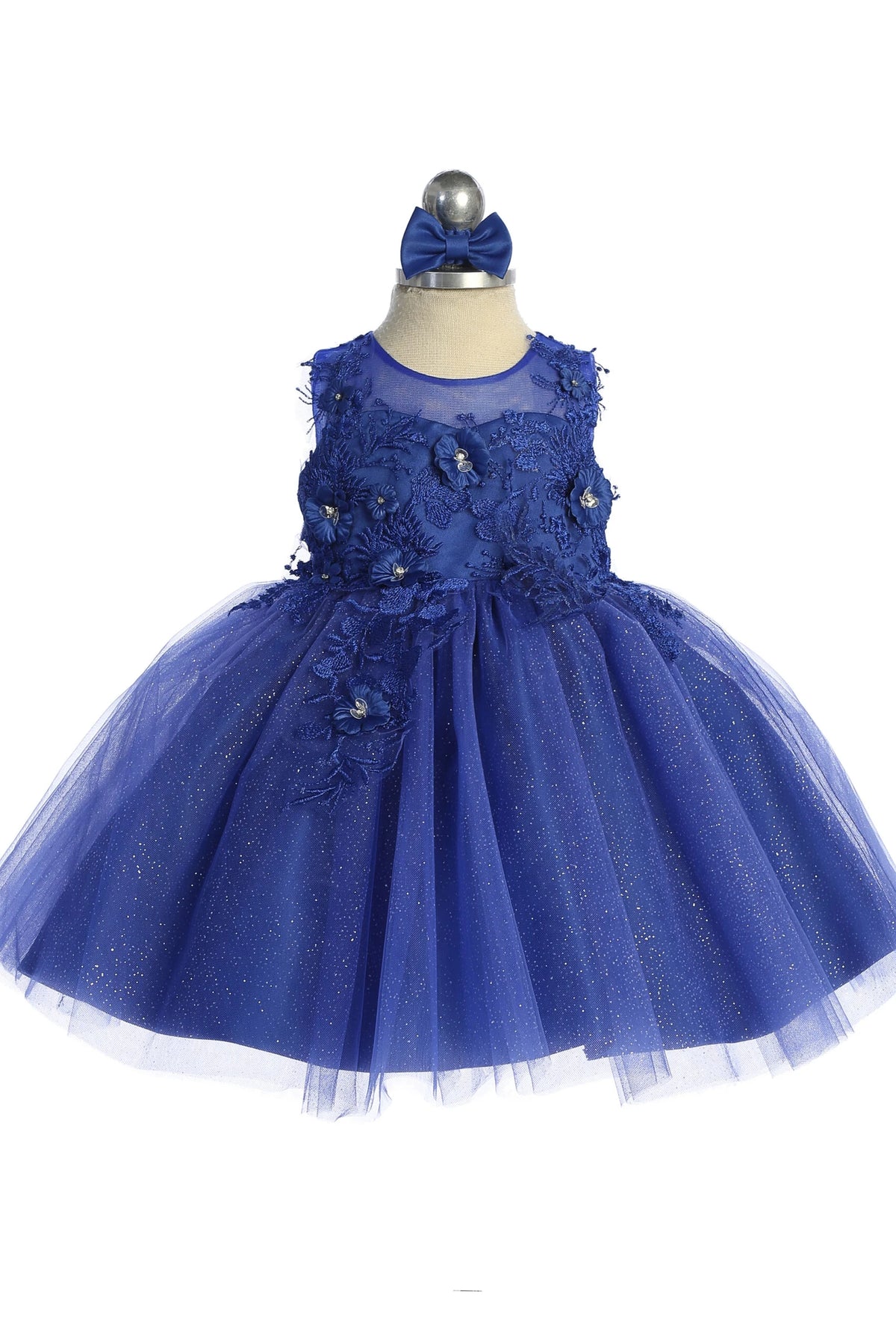 Visible details on the Royal Blue kids pageant dress include dimensional floral lace.
