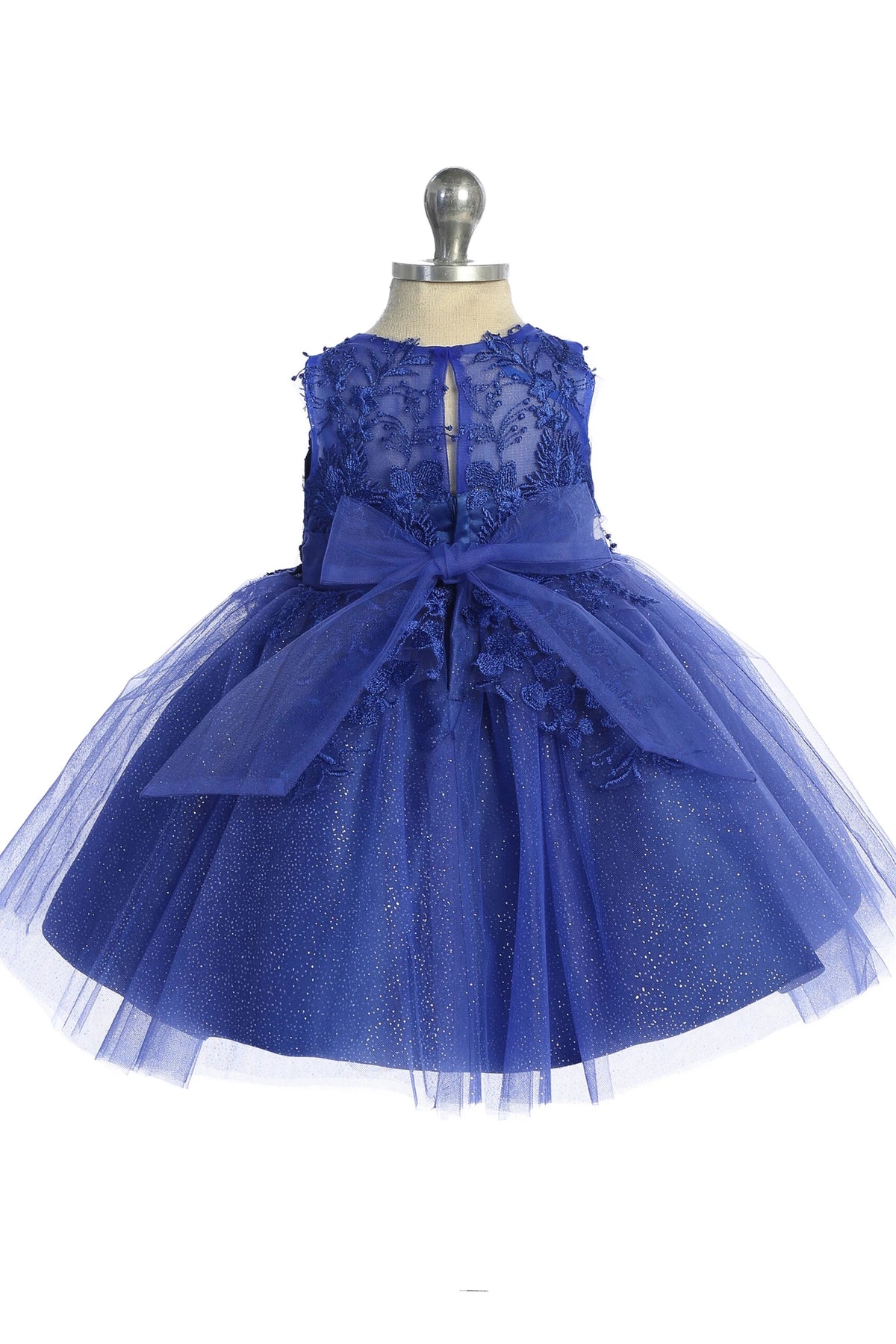 Seen from behind, this Royal Blue kids pageant dress displays a tied sash across the back waist.