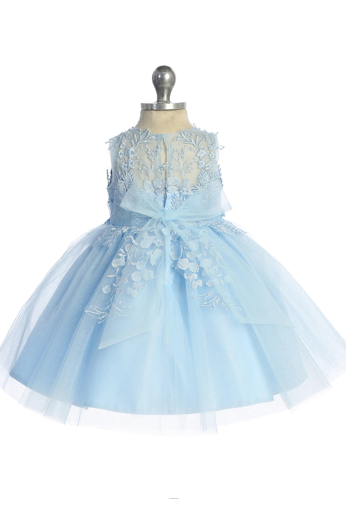 Visible details on the Sky Blue kids pageant dress include a tied sash across the back waist.