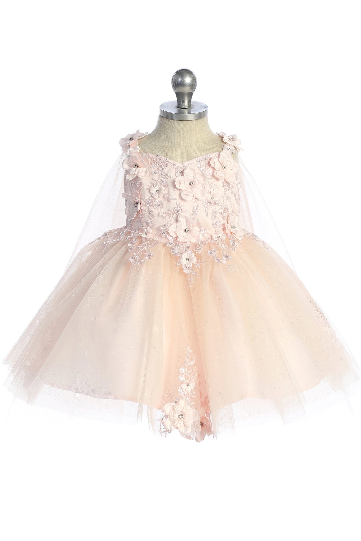 Visible details on the Blush kids pageant dress include a tied sash across the back waist.
