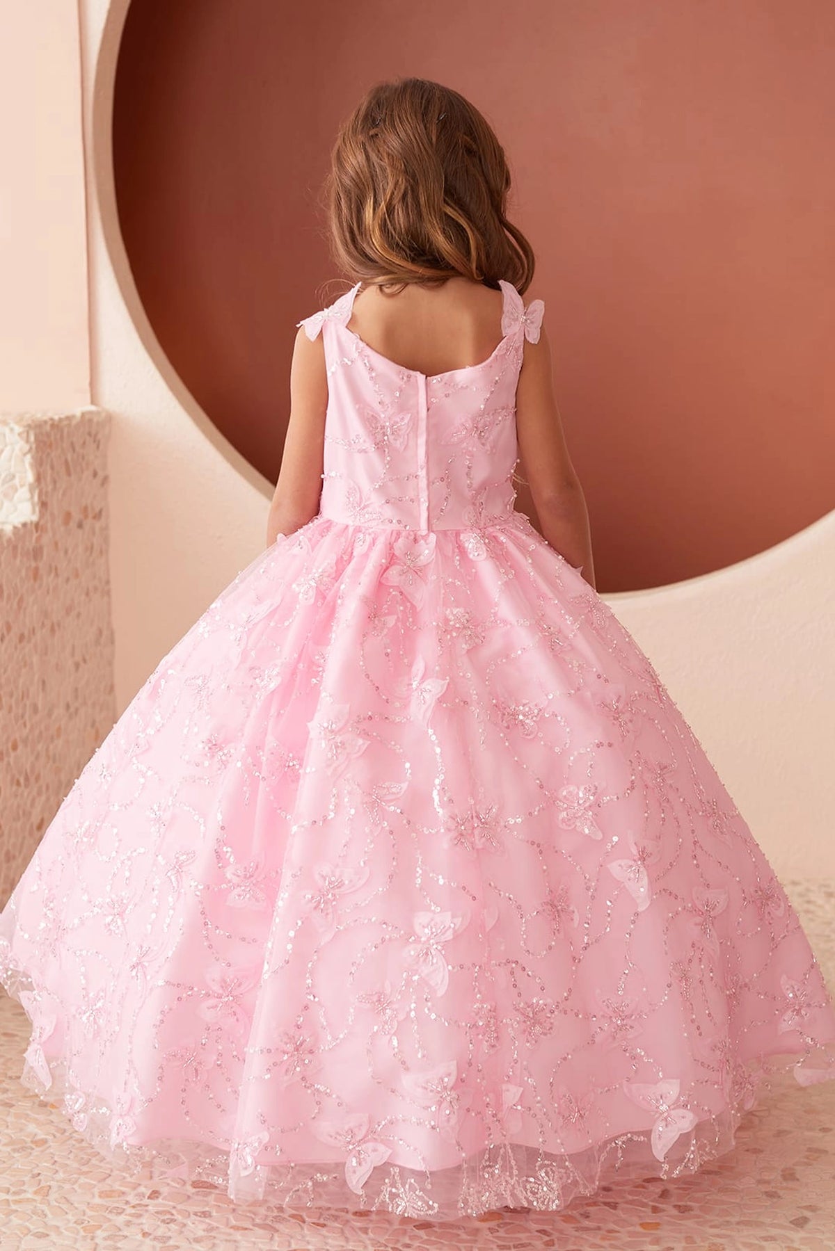 The Pink kids pageant dress has the rear bodice and layered skirt.