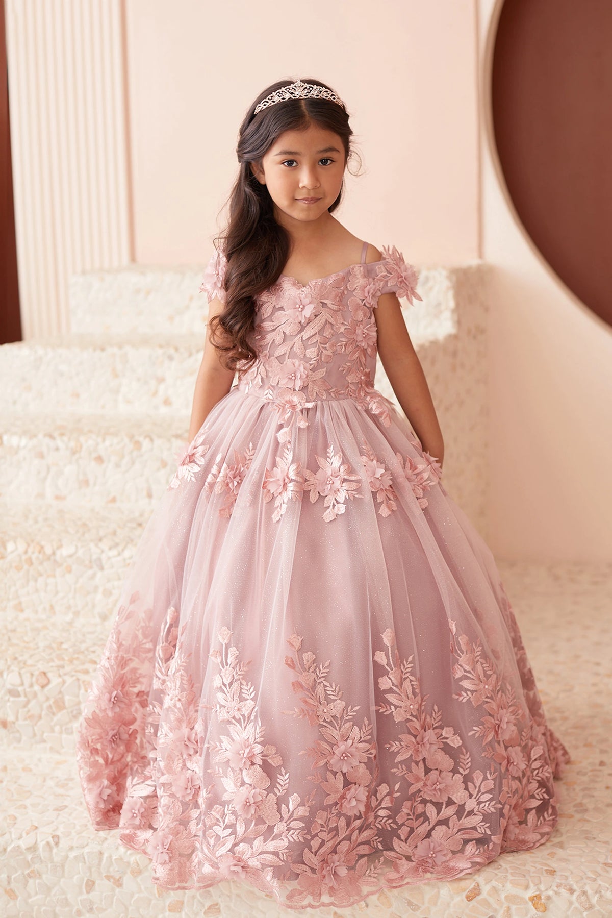 Dusty Rose kids pageant dress featuring dimensional lace flowers.