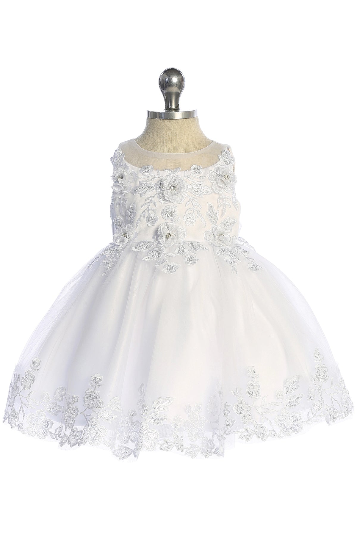 Visible details on the White kids pageant dress include lace appliques across the bodice and skirt.