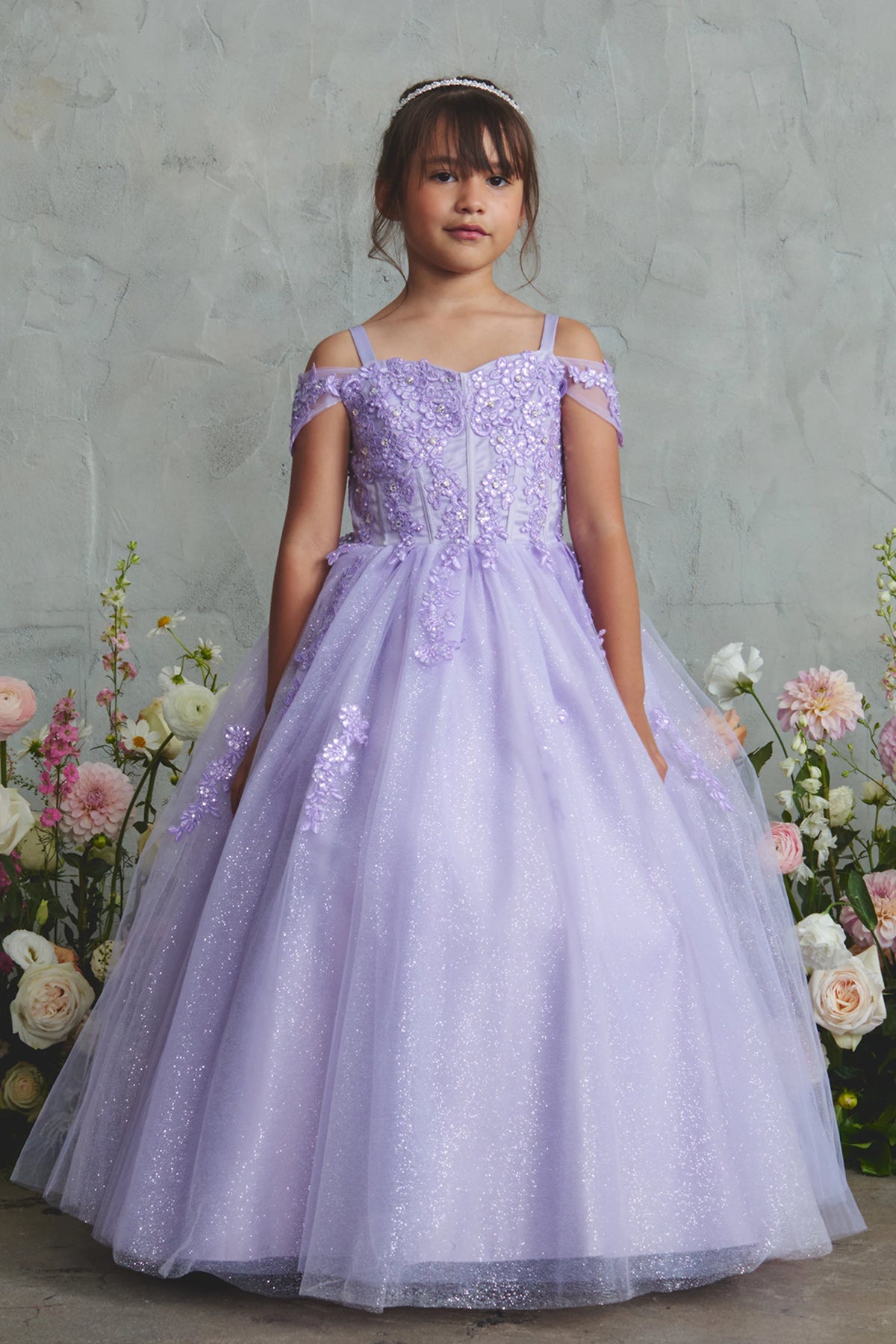 Lilac kids pageant dress featuring beaded corded lace.