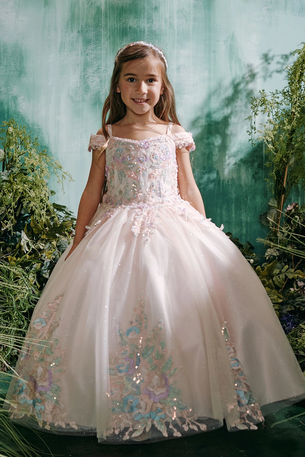 Blush kids pageant dress featuring multicolor floral lace.