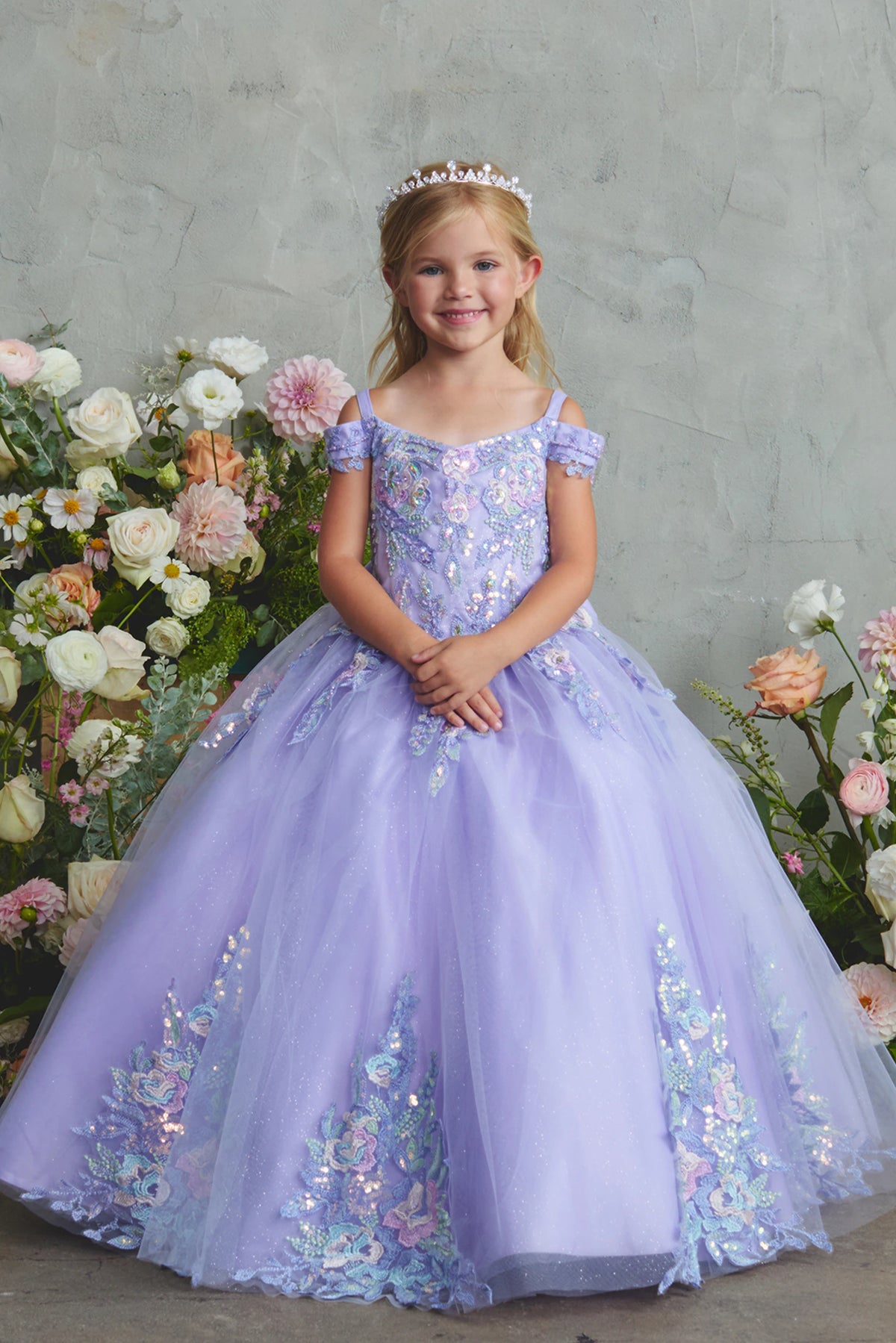 Lilac kids pageant dress featuring multicolor floral lace.