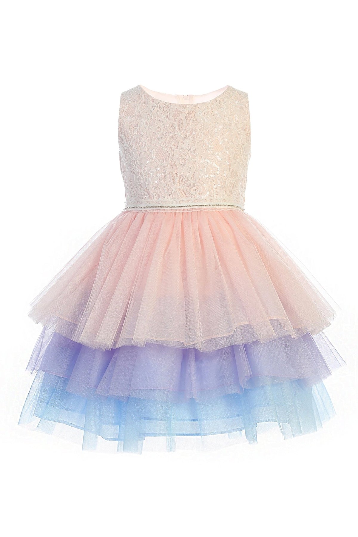 Kids white lace top and pastel multicolor skirt tull flower girl dress.
