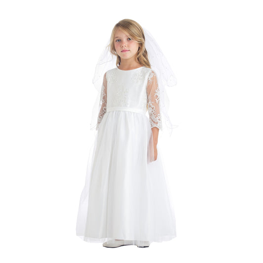 USA Made White Lace Flower Girl Dress | Ankle Length 3/4 Sleeve Embroidered Tulle Dress | First Communion Dress