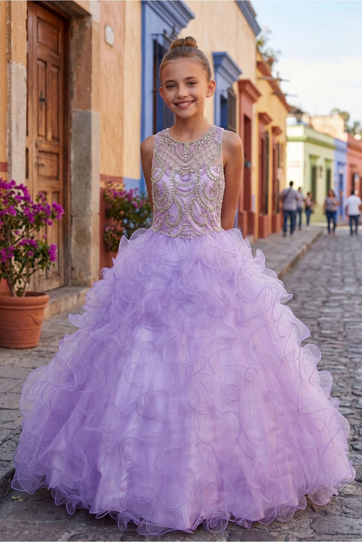 A Lilac kids dress with beaded sleeveless bodice with layered ruffles.