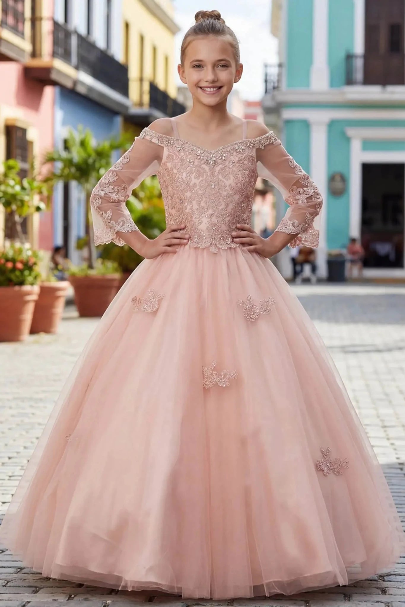 Blush Kids Mini Quincenera Ball Gown with Sheer Long Sleeves 4 / Blush
