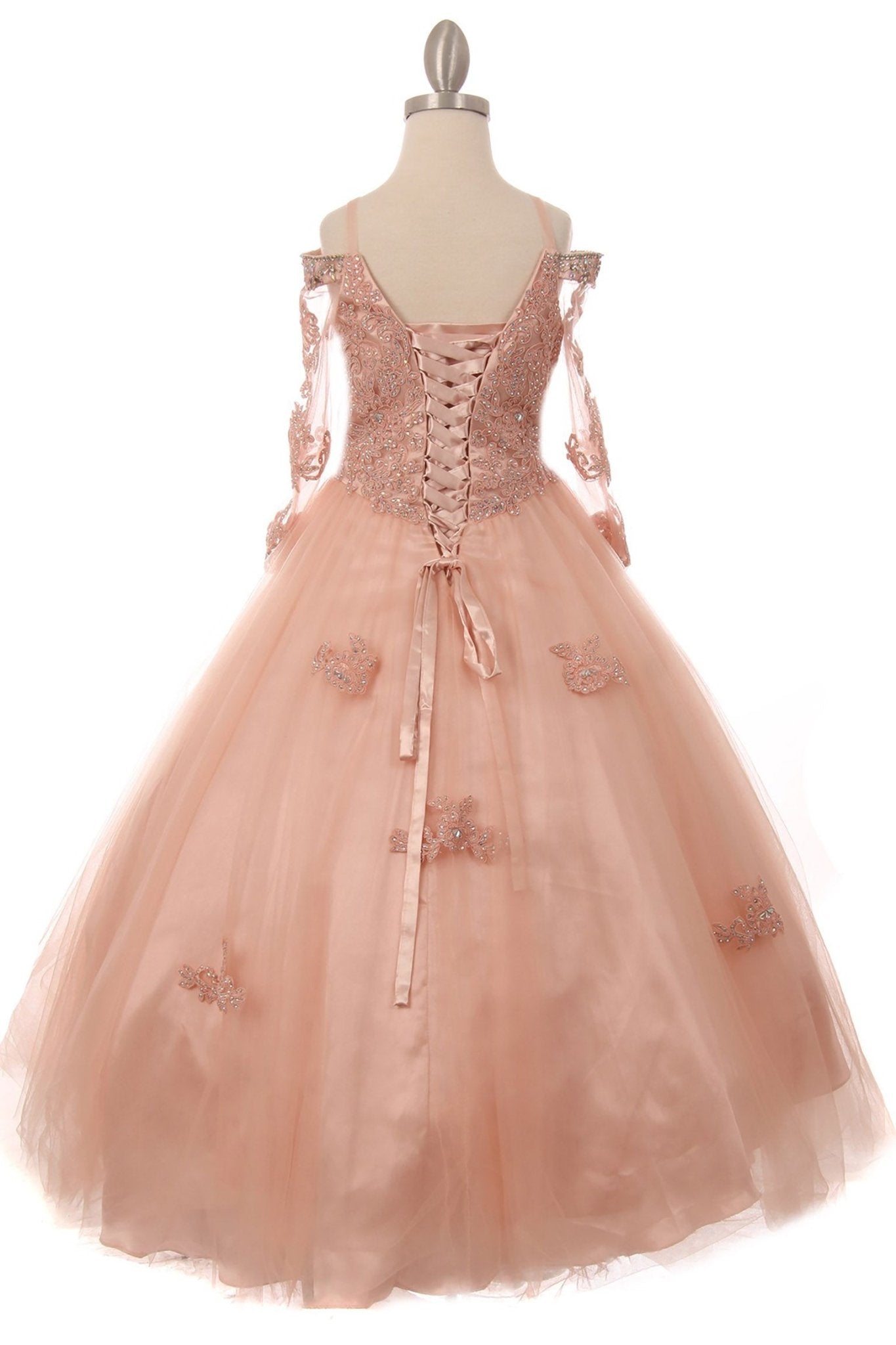 Back view of a blush kids mini quinceanera dress with lace-up corset and rhinestone lace appliques