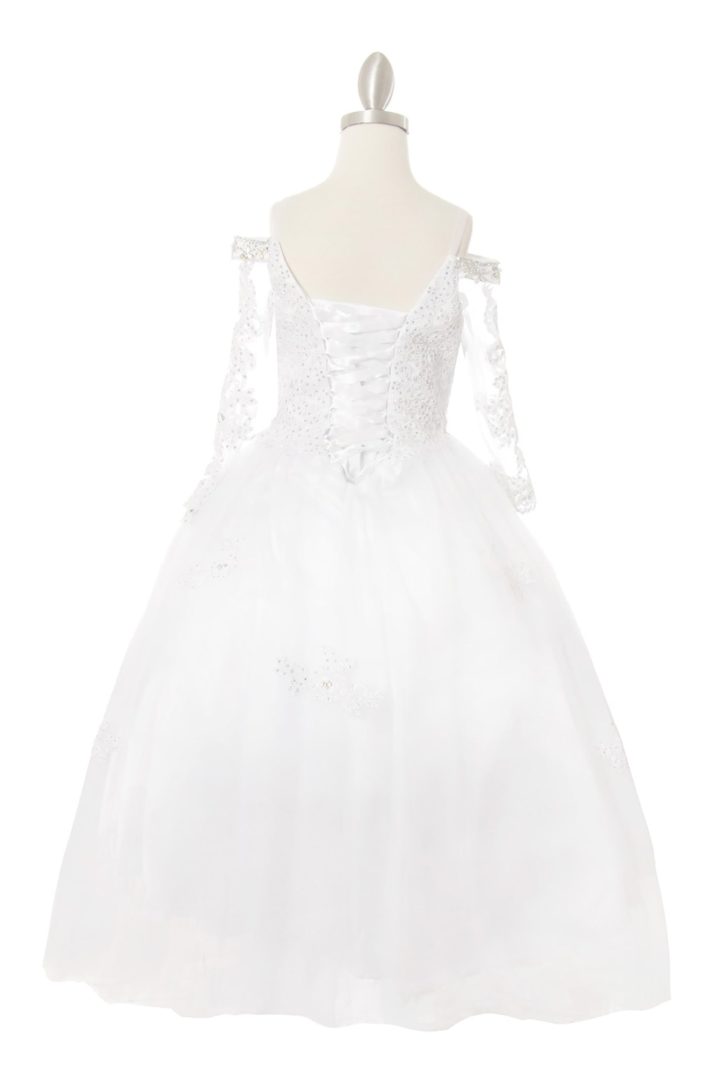 Back view of a white kids mini quinceanera dress with lace-up corset and rhinestone lace appliques