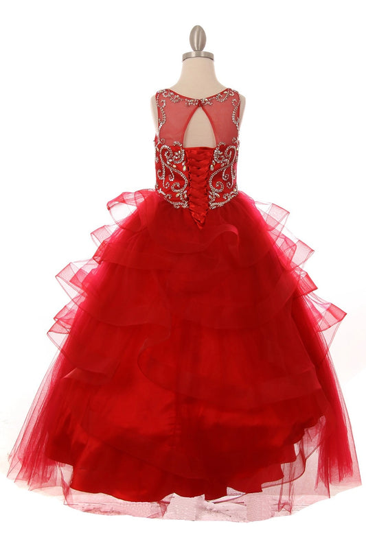 Featuring keyhole back and flowing ruffle layers, this is a Red kids dress.