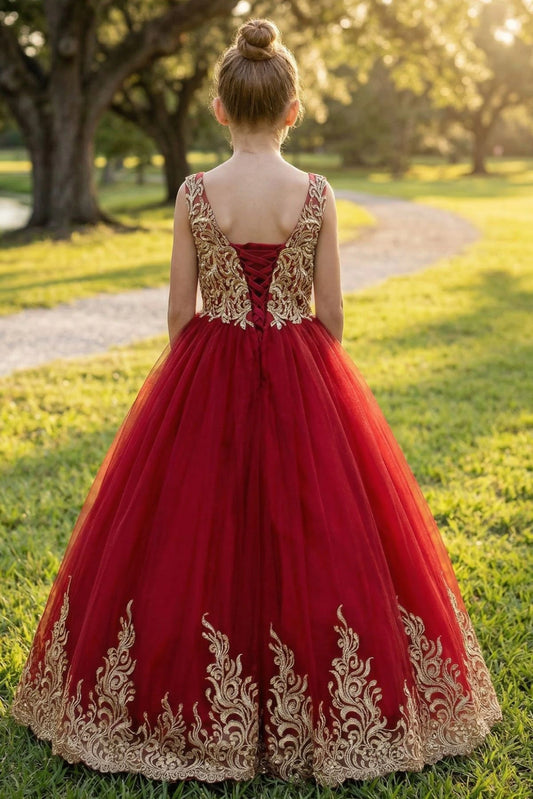 Featuring sleeveless embroidered back and layered tulle skirt, this is a Red kids dress.