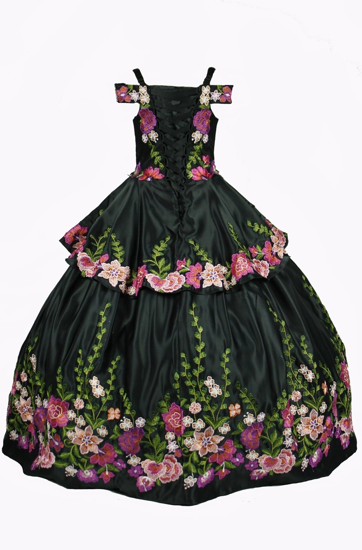 Back detail shows black kids mini quinceañera mini quince dress with off-shoulder embroidered satin folklorico satin fabric.