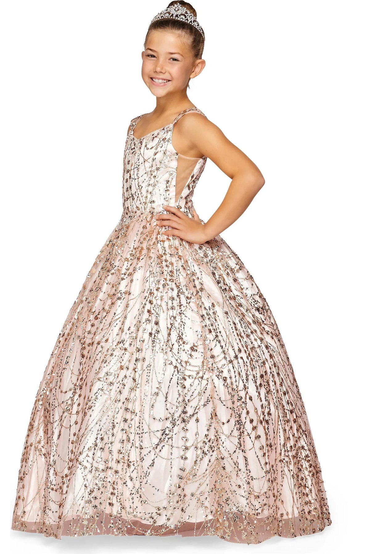 Showcasing sparkling bodice detail and a full glitter skirt on the Rose Gold mini quince dress.