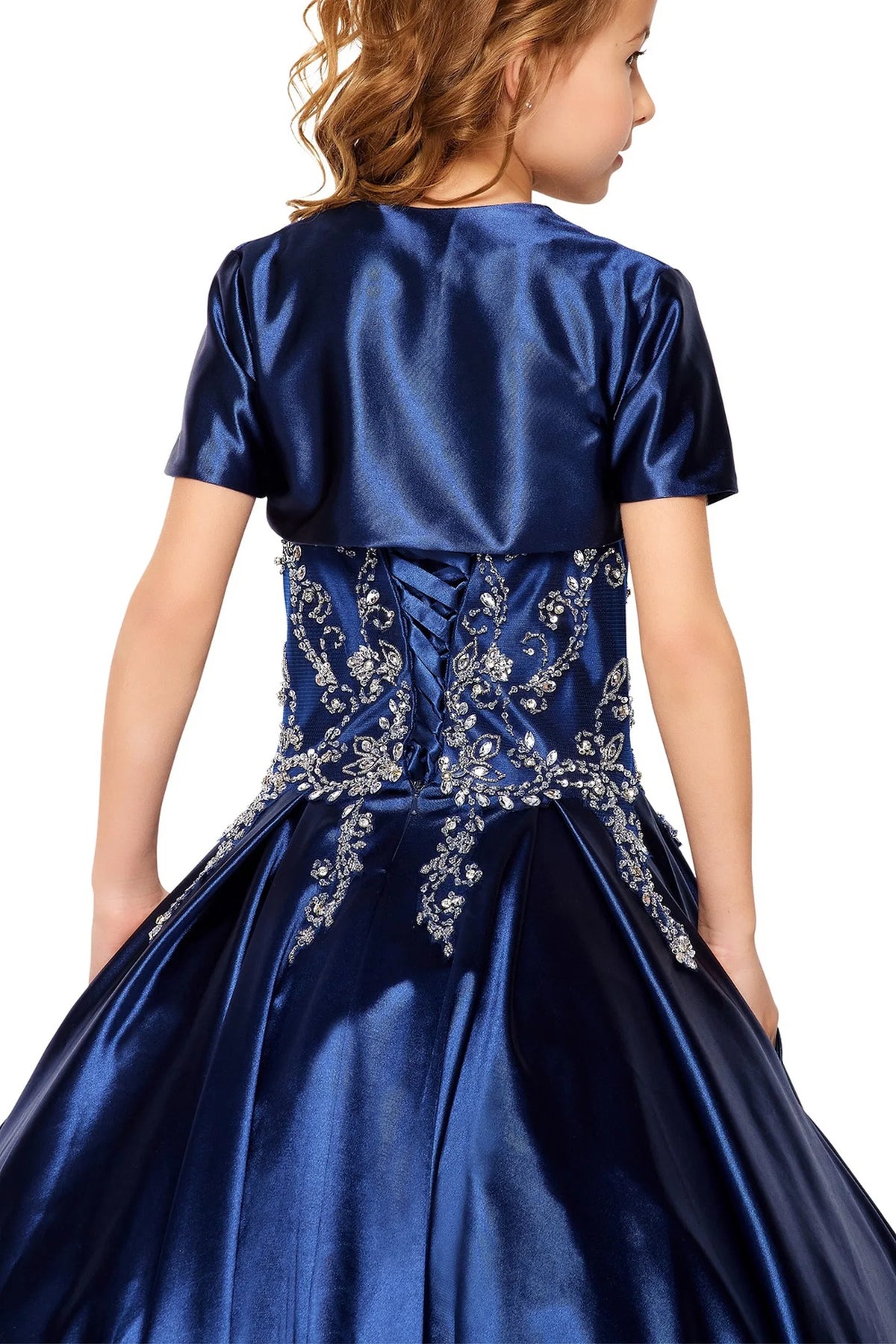 Visible details on the Navy mini quince dress include a matching satin jacket and full skirt.